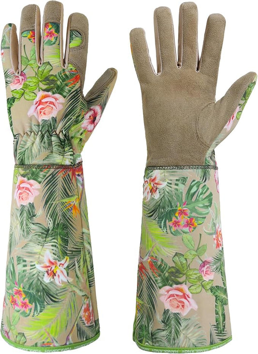 HANDLANDY Leather Gardening Gloves for Women, Scratch Resistant Breathable Ladies Rose Pruning Garden Gauntlet Yard Gloves, Gift for Gardeners (Khaki, M)