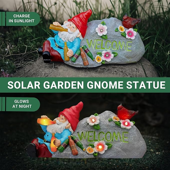 Funny Garden Gnomes Statue with Welcome, Solar Outdoor Gnomes Decorations for Yard, Patio, Lawn, Christmas Birthday Housewaming Gifts, for Dad, Men, Husband, Grandpa, 11.8 Inch, Resin