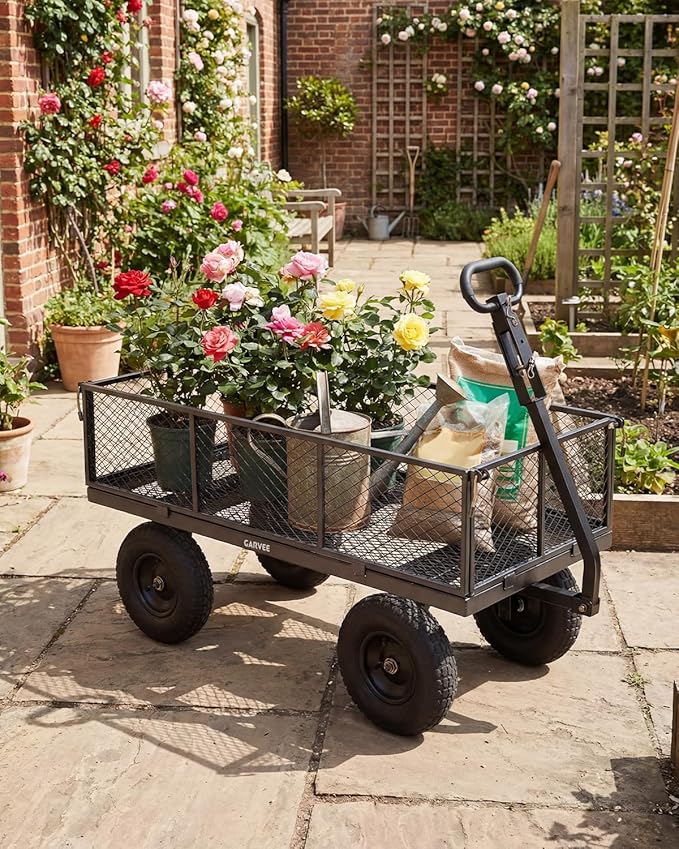 Garvee Versatile Outdoor Utility Cart-1000LBS Heavy-Duty, 13" All-Terrain Pneumatic Tires, Vehicle-Connectable, Easy Maneuverable Lawn Cart with Removable Mesh Panels for Gardening & Landscaping,Grey