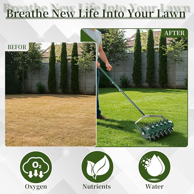 18in Rolling Lawn Aerator, Heavy Duty Manual Aerator Lawn Tool, Lawn Spike Aerator Roller with Adjustable Handle, Soil Penetrator Push Lawn Aeration for Garden Yard Patio (Green)
