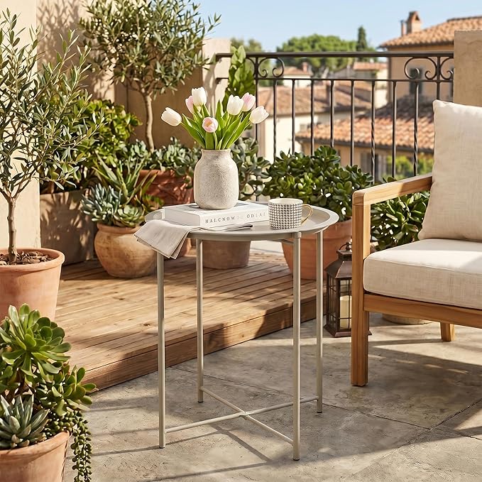 VECELO Side/End Table, Folding Round Metal Anti-Rust and Waterproof Outdoor or Indoor Tray for Living Room Bedroom Balcony and Office, 2 PCS, Grey