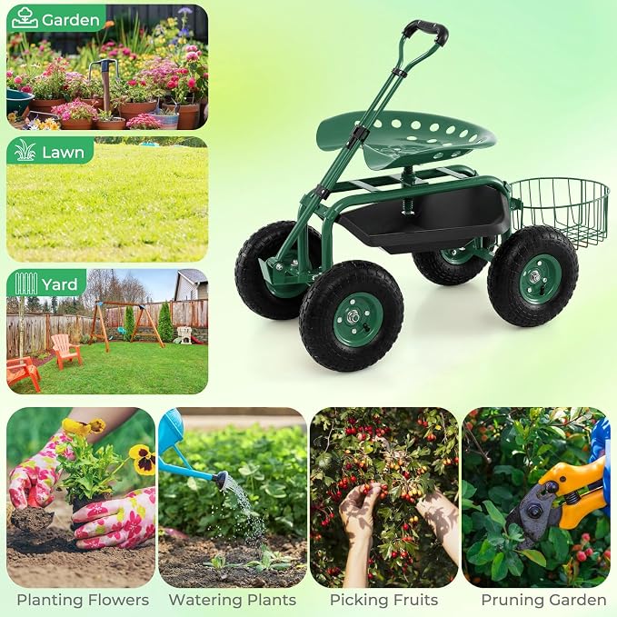 Garden Seat with Wheels, Rolling Stool with Extendable Handle, Storage Basket & Tool Tray, Garden Scooter with 360 Degree Swivel Seat for Outdoor & Yard (Green)