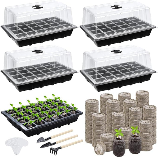 Hahood 4 Sets Seed Starter Tray Kit Germination Starter Tray with Humidity Dome and Base Include 100 Peat Pellets 100 Plant Labels Garden Tools Plastic Plant Growing Trays for Greenhouse Garden, Black