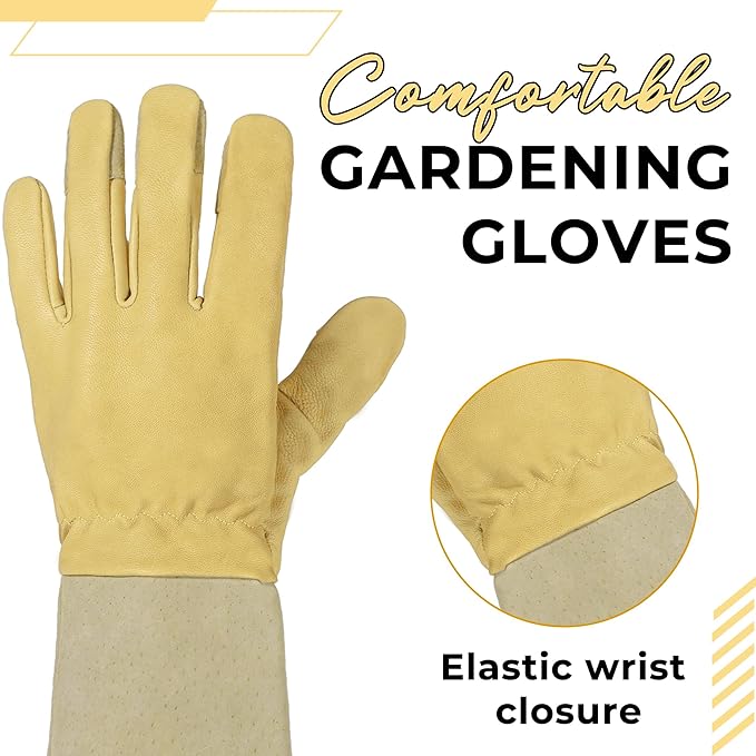 HANDLANDY Rose Pruning Gardening Gloves for Men Women, Thorn Proof Forearm Protection Leather Garden Gloves, Gardening Gifts for Gardeners (Vanilla, Large)