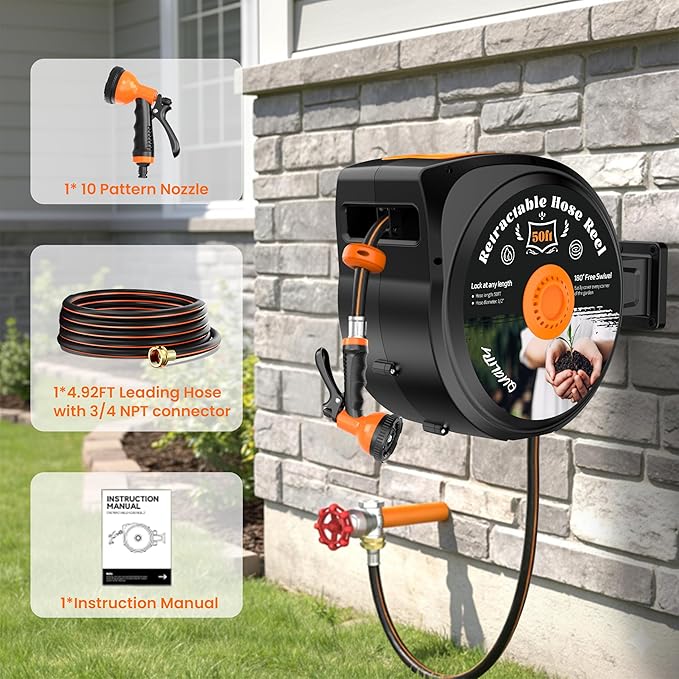 Retractable Garden Hose Reel, 1/2 in x 65 ft Wall Mounted Hose Reel Heavy Duty with 10-Function Sprayer Nozzle, Any Length Lock, Slow Return System, 180°Swivel Bracke for Large Yard Lawn Car Washing