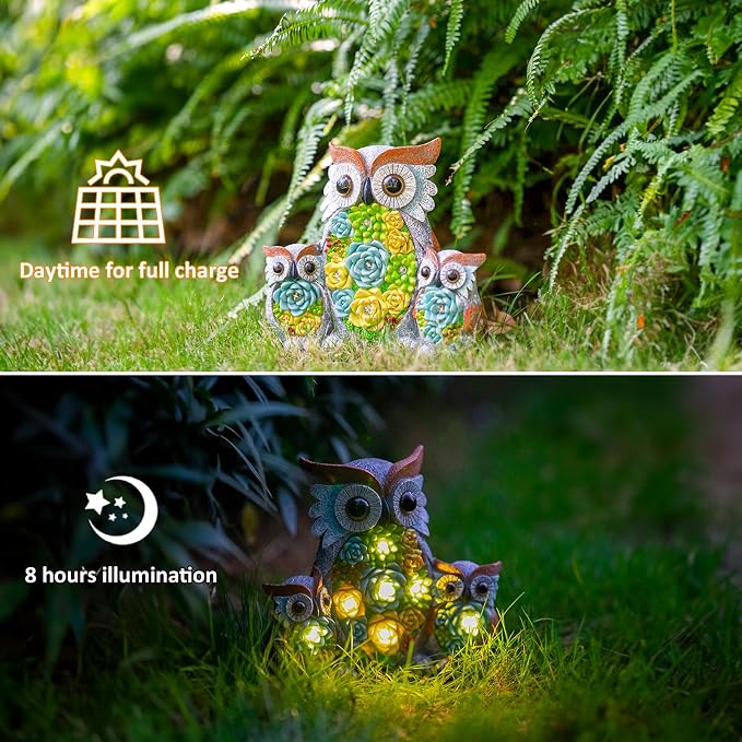 Solar Garden Statue Lights, Owl Family Decor with LED Succulent Flowers, Cute Solar Owl Figurines, Waterproof Resin Outdoor Yard Art for Patio Lawn Porch, Garden Gifts for Women Mom Grandma
