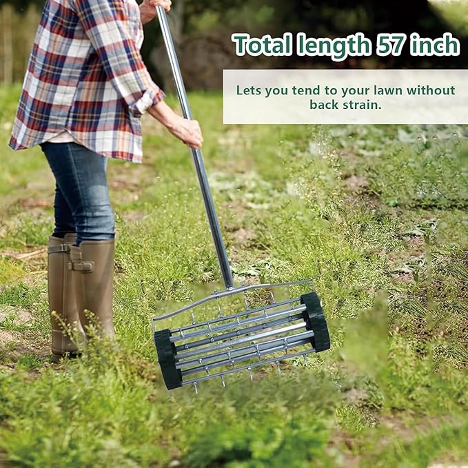 Heavy Duty Rolling Lawn Aerator - 3-Piece Steel Handle Push Spike Aerator for Garden & Yard, 57-Inch Manual Soil Aeration Tool for Grass Maintenance, Compacted Lawn Care