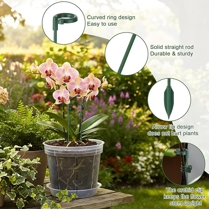 LUCKJUJU 30 Pcs Plant Support Stakes with 30 Pcs Plant Clips Garden Floral Flower Support Single Stem Support Stake for Phalaenopsis Orchid Flower Roses Amaryllis