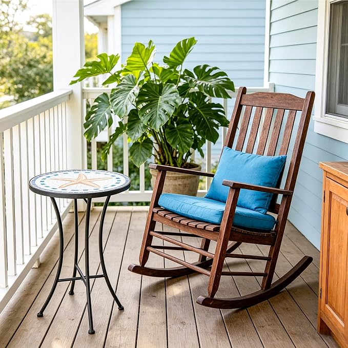 Vipush Mosaic Outdoor Side Table, 14" Round Folding Plant Stand for Patio Garden Backyard Balcony Porch Indoor Accent End Table for Living Room, Ceramic Tabletop with Black Iron, Starfish