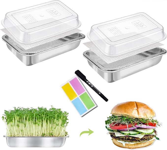 Stainless Steel Sprouts Growing Kit 2-Tier 14 inch Trays with Acrylic lid, Microgreens Growing Kit, Seed Sprouting Tray with Encrypted Mesh and lid Sprouts for Beans