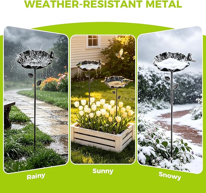 Bird Bath for Outside, 28 Inches Metal Bird Feeders for Outdoors, Bird Water Bowl & Hummingbird Feeders, Antique Garden Decorative Stakes for Yard Lawn Decor, 2 PCS, Silver