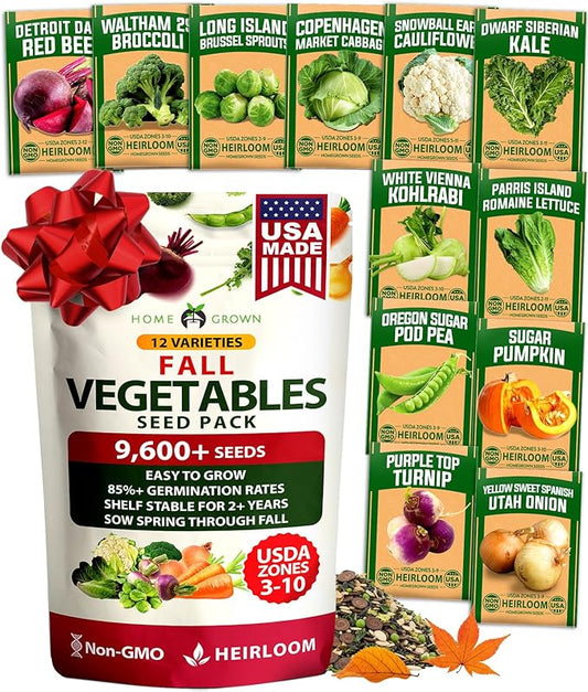 HOME GROWN 12 Fall Vegetable Seeds 9600+ Heirloom Non-GMO, High Germination, Cold Hardy Frost Tolerant Cool Season Garden, Beets, Kale, Cabbage, Peas, Broccoli, Lettuce, Onions (12 Varieties)
