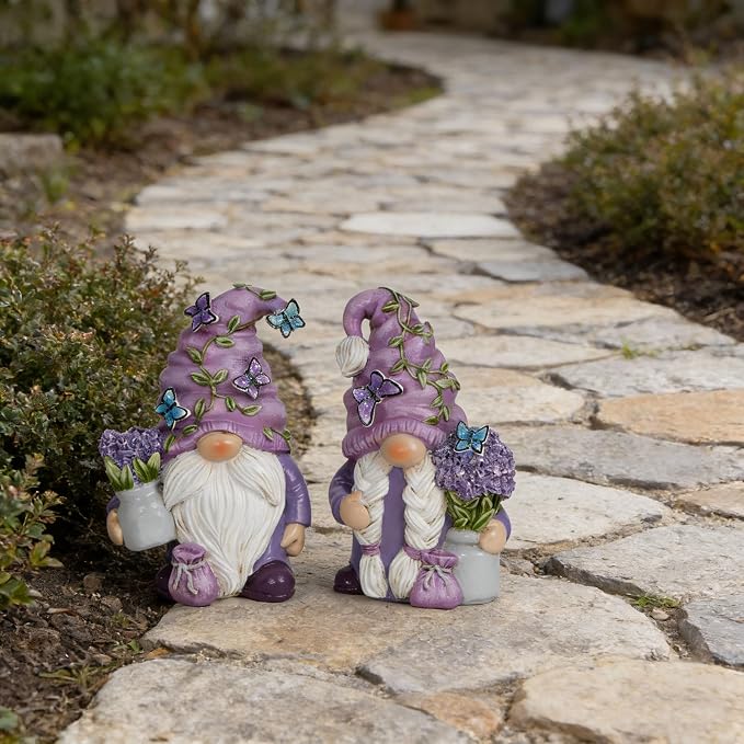 Hodao 2Pcs Purple Lavender Butterfly Gnome Figurine Set for Yard, Lawn, Patio, Porch - Weatherproof Resin Garden Decoration - Outdoor Decor & Unique Gnome Gift for Women