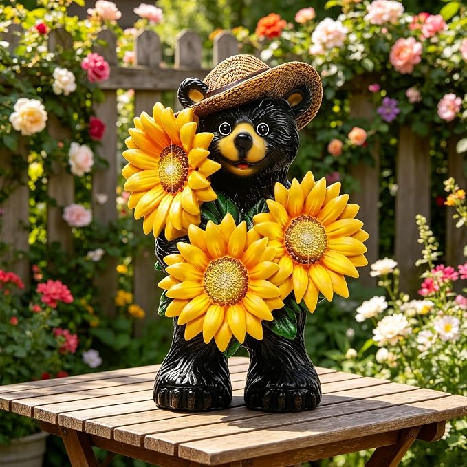 Bear Statue with Sunflowers LED Light 7.2" Solar Lamp Outdoor Garden Patio Yard Porch Lawn Decor Waterproof Resin Black Bear Figurine Unique Garden Gifts for Women Mom Grandma Sister