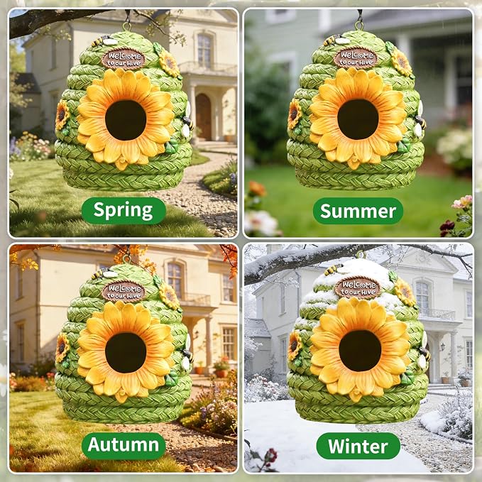 Bird Houses for Outside Green Cottage Resin Birdhouse, Garden Outdoor Decor Bird House with Sunflower and Bees, Birdhouses for Outdoors for Bluebird Finches Cardinals