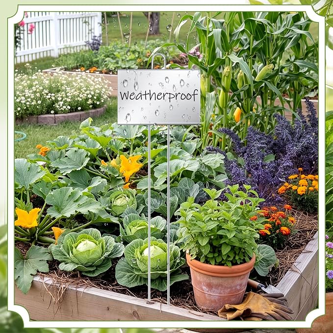 Landhoow 12 Pcs Large Garden Plant Markers Metal Plant Labels Sign 6'' x 4'' with 21'' Stake Weatherproof Waterproof Garden Sign for Outdoor Seedlings Herbs Vegetable Greenhouse, Silver