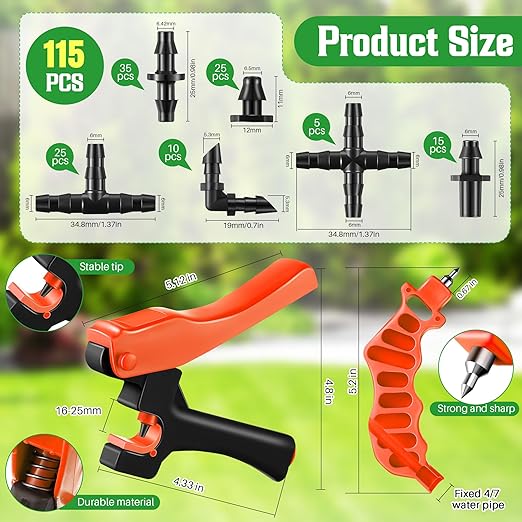 Feekoon Irrigation Drip Tools with Barbed Connectors, 2-in-1 Drip System Punch Tool for 1/4" Fitting, 16 20 25mm PE Pipe & Emitter; Ideal for Garden & DIY Watering System(Orange,115 Irrigation Plugs)