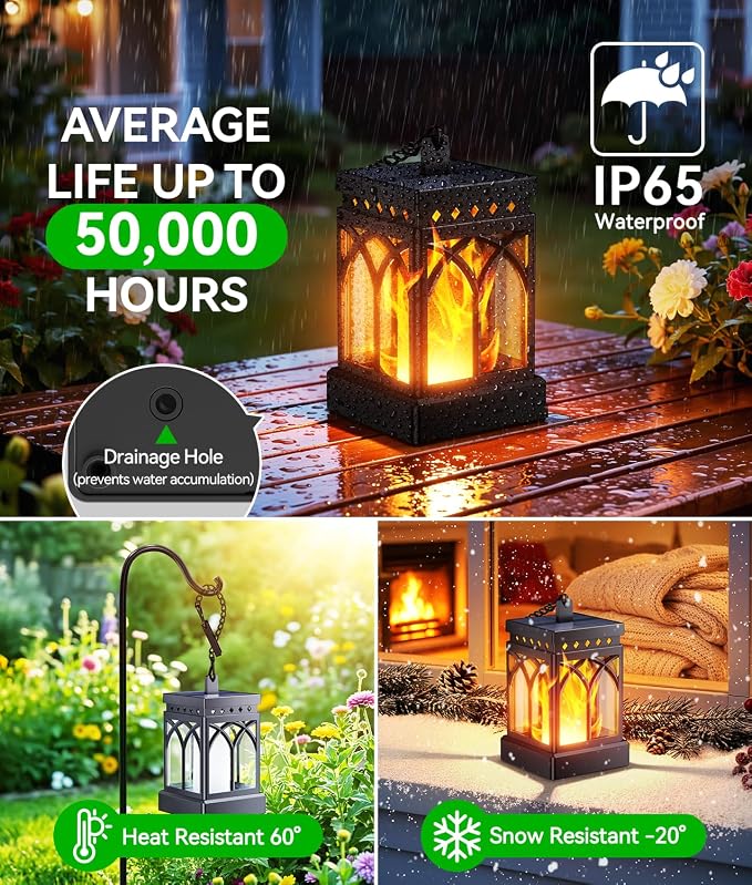KOOPER 4 Pack Solar Lanterns Outdoor Waterproof, Upgraded Flickering Flame Modes + Constant Modes Hanging Solar Lantern Lights for Outside, Lanterns Decorative Outdoor for Garden Table Yard Tree Decor