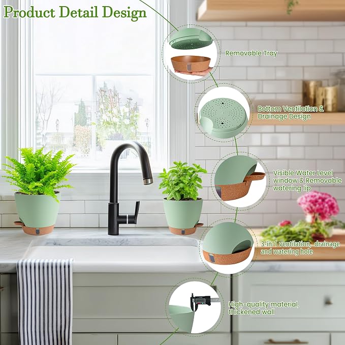 Self Watering Pots for Inoor Ourdoor Plants 10/9/8/7/6.5 Inch Plastic Planters with Drainage Holes & Water Level Indicator, Decorative House Flower Nursery Planting Pots with Saucers(Green)