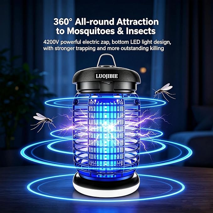 LUOJIBIE Electric Bug Zapper Outdoor & Indoor Mosquito Killer | 4200V High Voltage Grid, Waterproof Design, UV+LED Dual Light Trap Flying Insects; Fits Backyard, Patio, Home & Garage