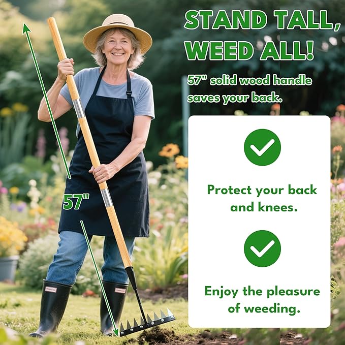 Iron Weeding Rake with Long Handle 2.0, Upgraded 8 Teeths Garden Weed Puller Tool Heavy Duty Gardening Tool for Lawn, Flower Beds & Soil Aeration