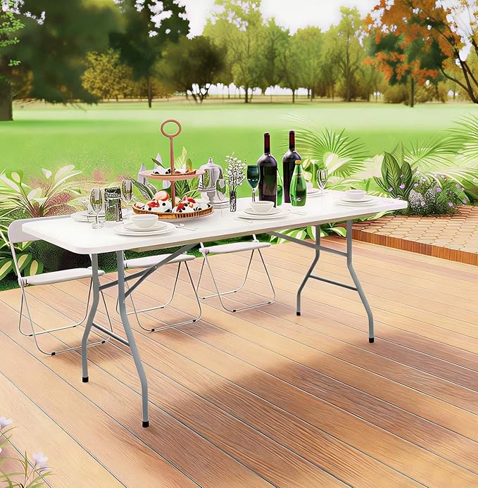Folding Table 6ft Foldable Table with Built in Handle & Steel Legs / 6FT Heavy Duty Folding Portable,Perfect for Party, Dining Indoor/Outdoor Events, Tailgating & Backyard BBQ, White