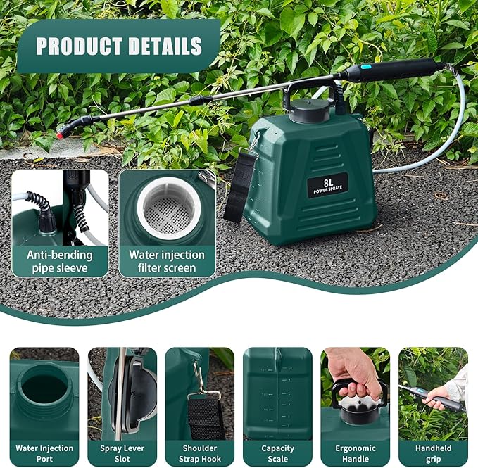 Battery Powered Sprayer 2 Gallon - Upgraded Anti-Bend Hose Electric Garden Sprayer, Rechargeable Pump Sprayer with 3 Mist Nozzles, Retractable Wand, Adjustable Strap for Lawn, Plant Watering (Green)