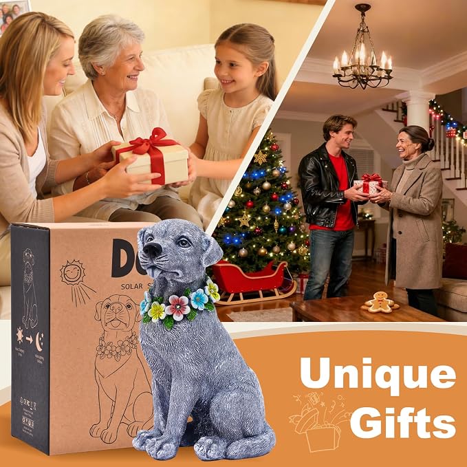 Solar Dog Garden Decor - Resin Dog Decor with Flowers LED Lights Garden Statue Yard Lawn Decor - Ideal Dog Gifts for Mom Women（Gray）