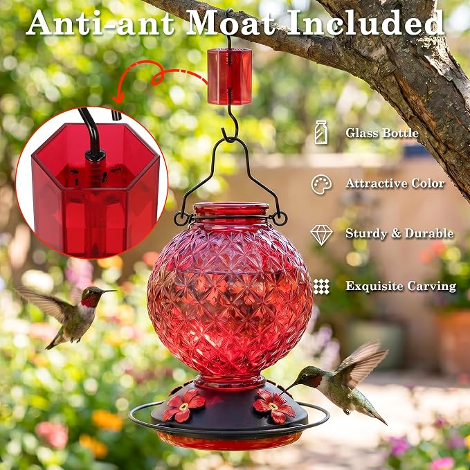 25 OZ Glass Hummingbird Feeder for Outdoors, Leak Proof Hummingbird Feeder with Ant Moat, 4 Bee Resistant Feeding Ports, Easy Clean Wide Mouth Design, 360° Perch, Hanging Nectar Feeder, Red