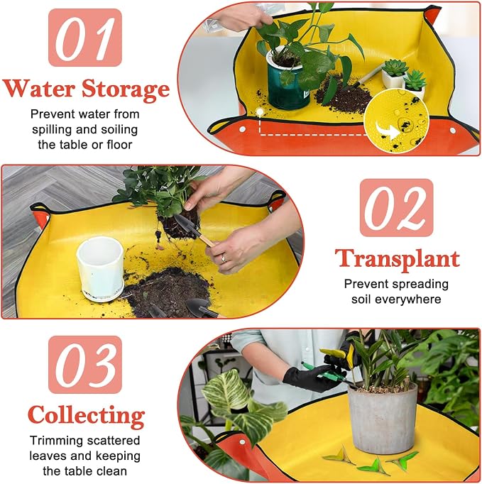 2Pcs Repotting Mat for Plant Transplanting, 39'' Gardening Mat and 26'' Orange Potting Mat for Indoor, Thicker Potting Tray with Plant Accessories Foldable Waterproof Planting Mat for Plant Lovers
