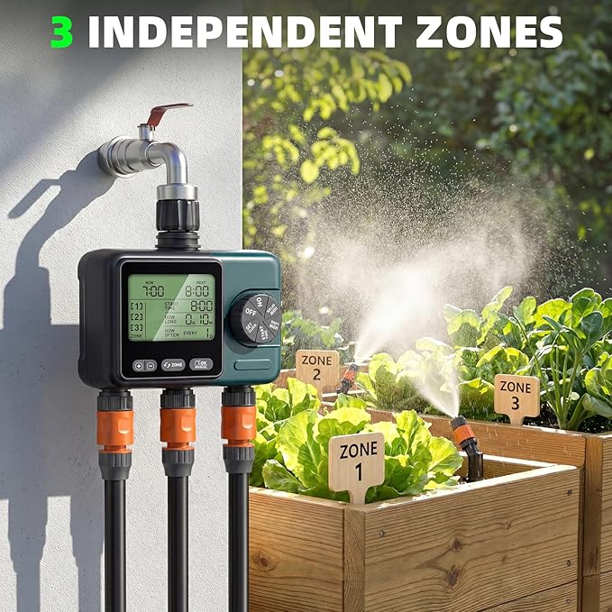 Sprinkler Timer 3 Zone, Programmable Water Timer for Garden Hose with Rain Delay, Manual and Automatic Irrigation Controller System, 3 Outlets Timed Irrigation Controller System for Lawn