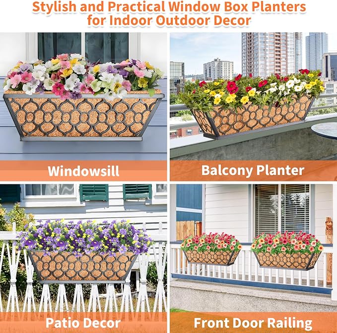 Riare 4 Pack 16 Inch Window Boxes Planters with Coco Liner, Metal Deck Railing Planter Boxes, Balcony Planters Railing Hanging, Horse Trough Window Flower Planter Boxes for Outdoor Porch Fence Patio