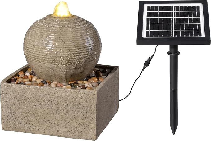 Solar Fountain Outdoor with LED Lights, Zen Sphere Water Fountain, Small Resin Garden Water Feature for Patio, Porch, Deck, Backyard & Indoor Decor, 12 Inch