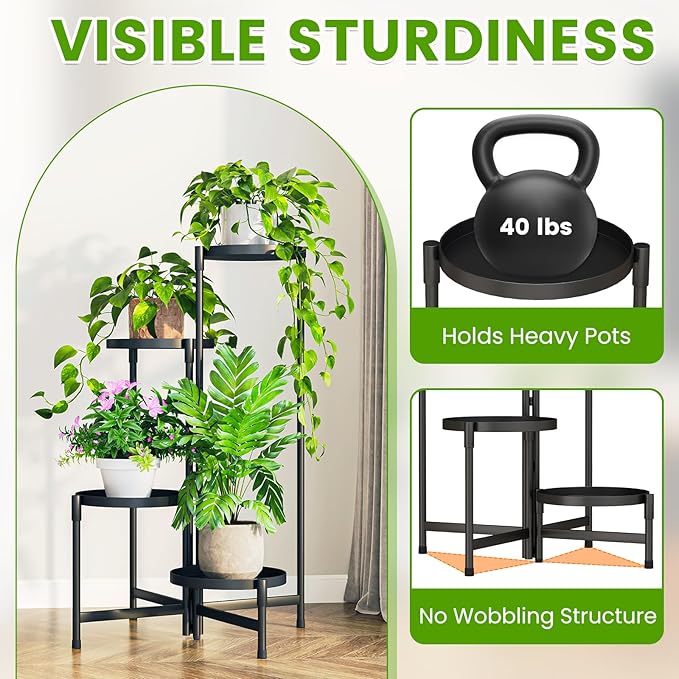 Plant Stand Indoor Outdoor, 4 Tier Corner Metal Flower Display Holder Shelf, Folding Tall Orchid Rack for Patio Balcony Porch Garden Living Room House, Black