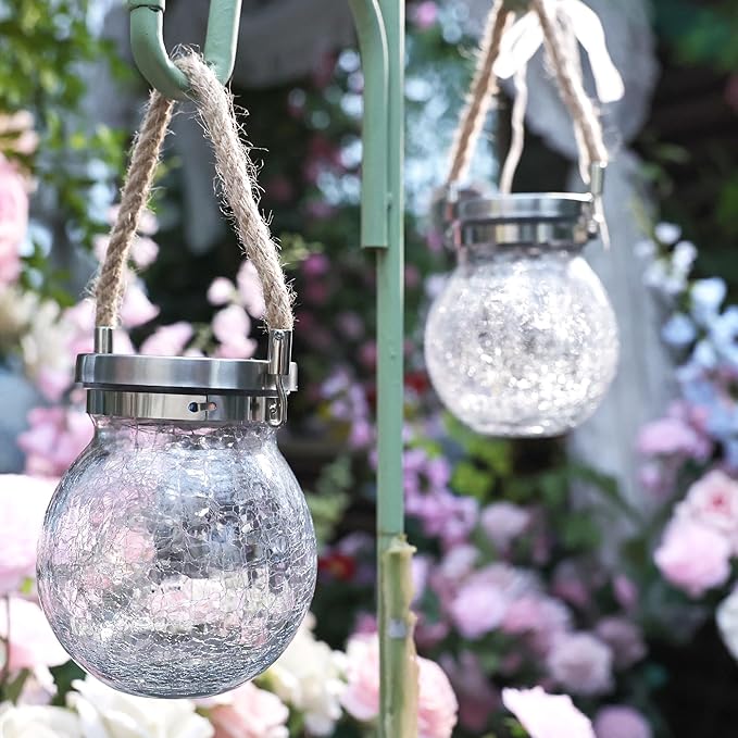 Cooo Gifts for her him 2 Pack Solar Lanterns Outdoor Waterproof Heavy Crackle Glass 30 LED Warm Firefly Lights Stainless Steel Lid 215% Solar for Women Mom Grandma Outdoor Lamps Garden Yard Decor