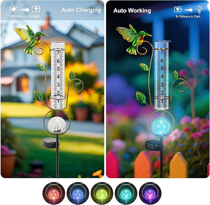 Rain Gauge Outdoor, for Women/Mom/Grandma, Upgraded Solar Rain Gauges Hummingbird with Color Changing LED Cracked Ball Lights 7" Measuring Cup for Yard Lawn Garden Decor