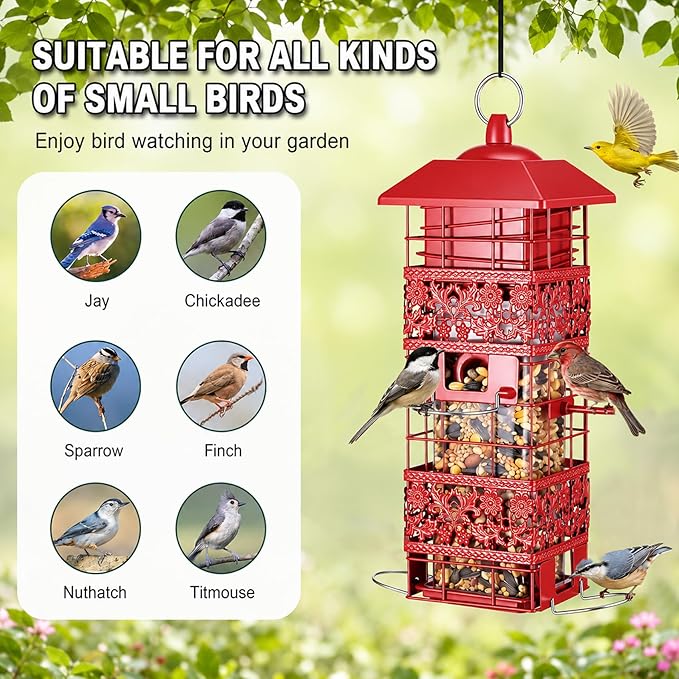 Squirrel Proof Bird Feeder, Weight-Activated Metal Bird Feeders for Outdoors Hanging, 4 Feeding Ports for Finches, Cardinals & Chickadees, 2.8LB Large Capacity Wild Bird Feeder, Red