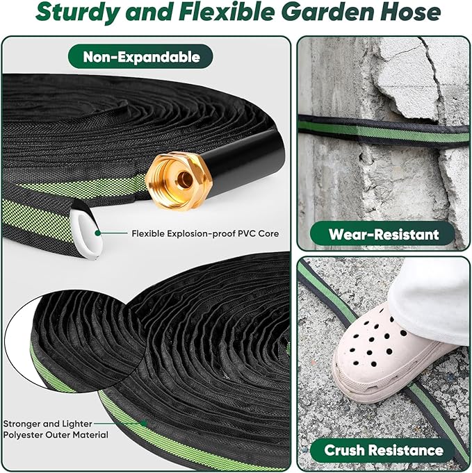 Garden Hose 100 FT, Lightweight Water Hose with 3/4", Non-Expanding, Potable, Easy Storage, Portable and Flexible Kink-Free PVC Inner Core, 500 PSI Burst Strength Outdoor Hose for Garden, Green