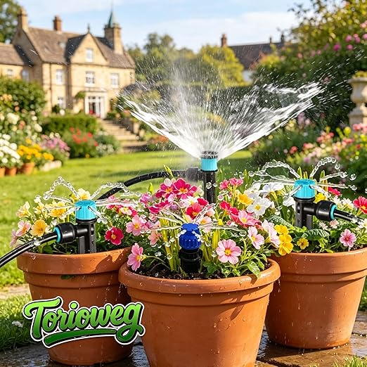 Brass Connector Drip Irrigation System, Quick-Connect Garden Watering System Kit with Adjustable 360° Umbrella & Drip Emitters for Greenhouse, Garden Grid, Lawn, Potted Plant (15FT+ 78FT)