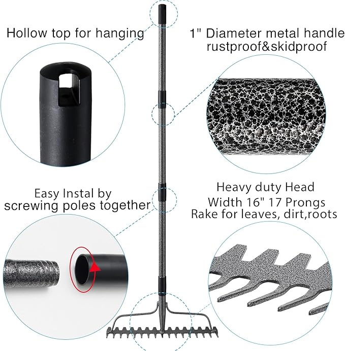 Bow Rake, Detachable Heavy Duty Metal Garden Rake for Loosening Soil, Leveling Lawn, Leaves Cleaning,63 Inch Long Handle Yard Rock Rake for Gardening,17 Prongs Leaf RakeThatch Rake for Lawn