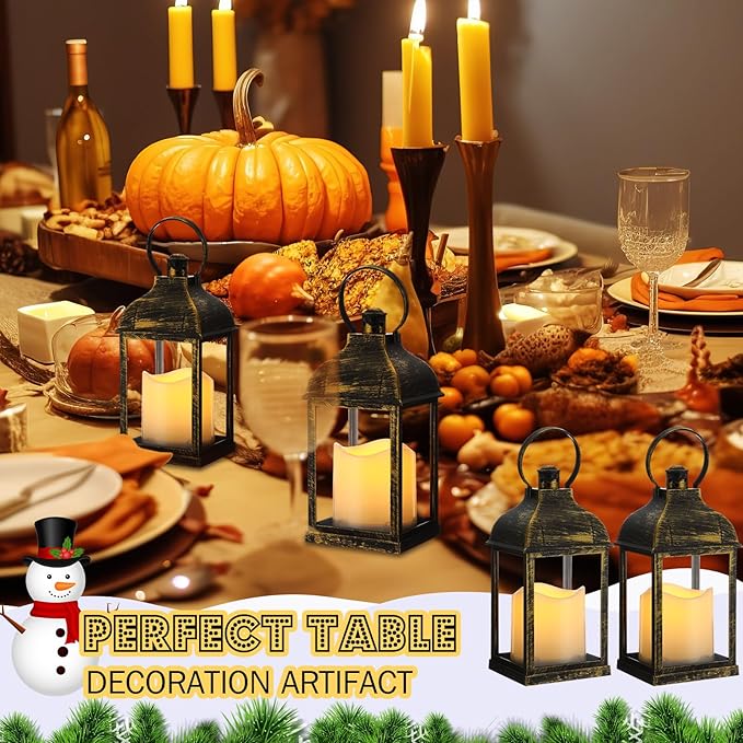 12 Set 10 Inch Bronze Decorative Candle Lanterns Bulk Lanterns Centerpiece with LED Flameless Candle Indoor Outdoor Battery Powered Hanging Lights for Wedding Father Day Party Decoration