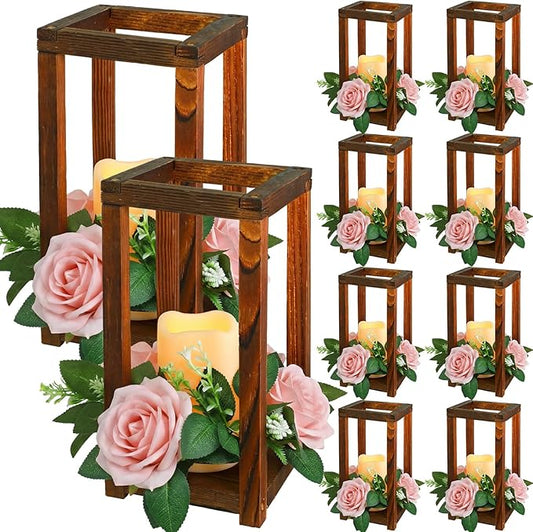 Hushee 30 Pcs Integrated Wedding Lantern Centerpiece Rustic Wooden Holder with Candles and Rings Farmhouse Candle Lantern Decor for Home Valentine Wedding Party Table Decor (Brown and Pink)