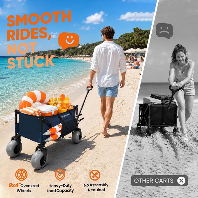 X800 Heavy Duty Beach Wagon with 9x4 Balloon Wheels – 200L Foldable Wagon Cart, 41" Collapsible Utility Wagon with Side Bag for Beach Essentials, Sports, Camping & Outdoor (Navy Blue)