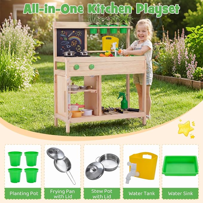 Costzon Mud Kitchen, Wooden Toddler Pretend Cooking Playset w/Runing Water, Blackboard, Water Tank, Faucet, Removable Sink, 4 Planting Pots & Stoves, Outdoor Kids Play Kitchen for Boy, Girl 3+ Years