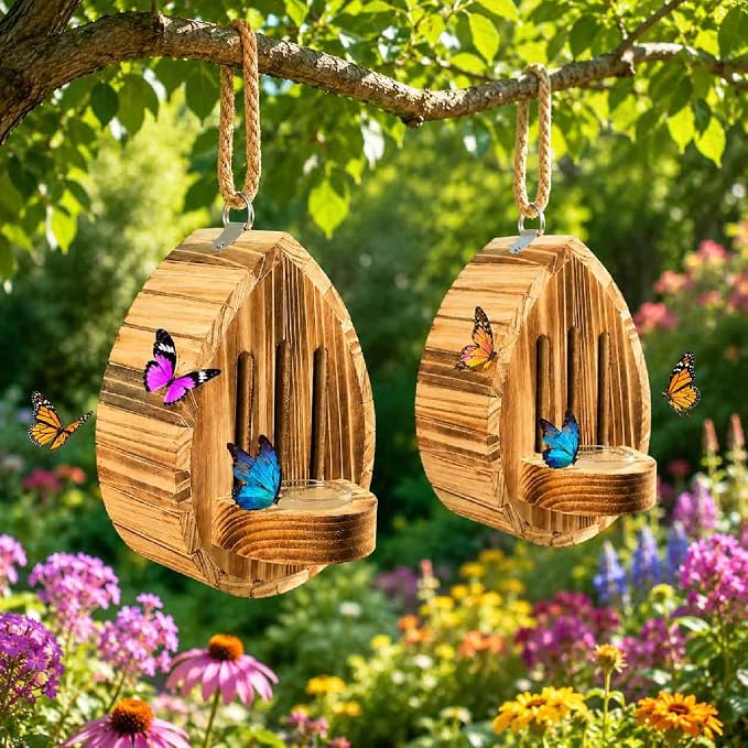 Butterfly Houses for Outside, Wooden Butterfly House Feeder Shelter with Puddling Floor, Tree Hanging Teardrop Habitat Box for Garden, Yard, Patio, Backyard Outdoor Decor (2PCS)