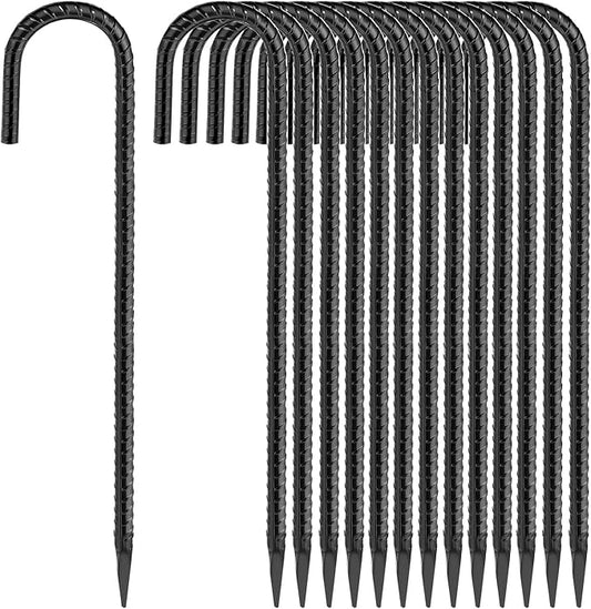 Homwin J Hook Rebar Stake 16 inch (16 Pack) Ground Stakes Heavy Duty 5/16" Thick Fence Anchors with Chisel Point, Tent Stakes for Camping, Canopy, Trampoline, Garden Fence & Tarp