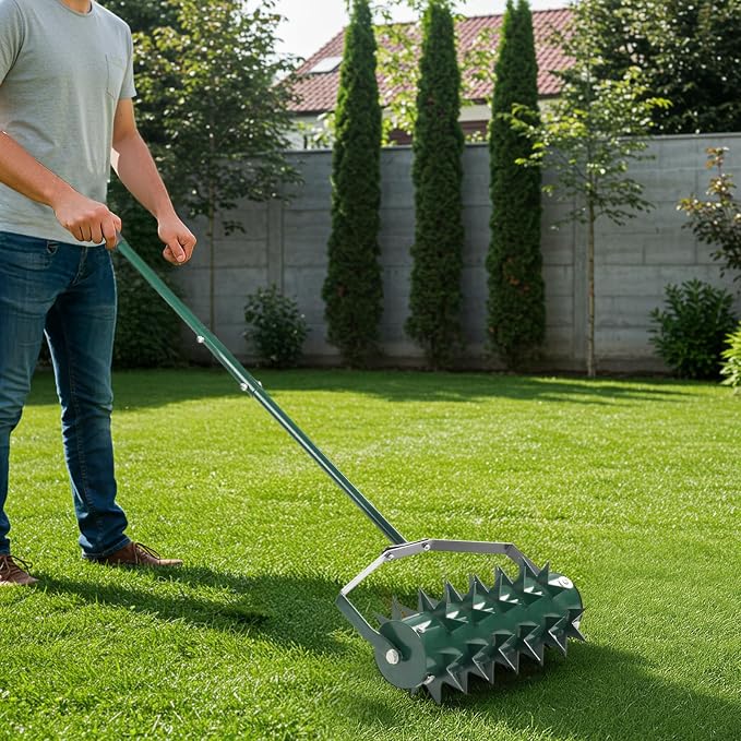 18in Rolling Lawn Aerator, Heavy Duty Manual Aerator Lawn Tool, Lawn Spike Aerator Roller with Adjustable Handle, Soil Penetrator Push Lawn Aeration for Garden Yard Patio (Green)