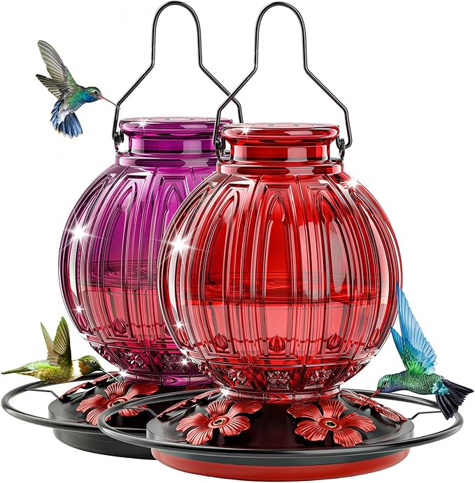 2 Pack Glass Hummingbird Feeder for Outdoors Hanging, Bird Nectar Feeder with Perch & 5 Flower Feeding Ports, 26 Oz Leak Proof for Outside Garden Decor Backyard, Gifts for Women Mom, Red + Purple Red