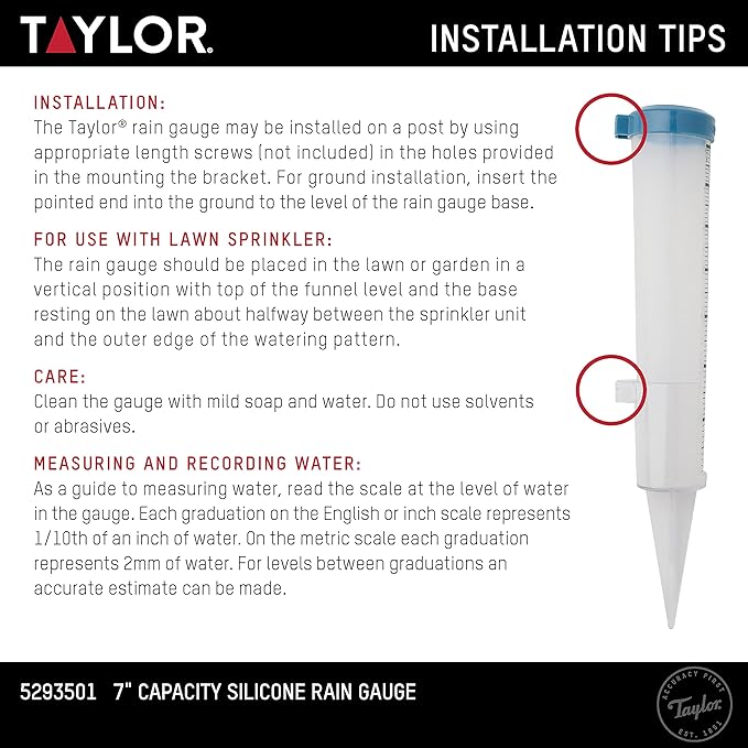 Taylor Capacity Break and Freeze Proof Flexible Silicone Rain Gauge, Measure and Monitor Precipitation, Easy to Read for Backyard, Patio, Garden, and Lawn, Post Mount or Ground Stake, 7-inch, Teal