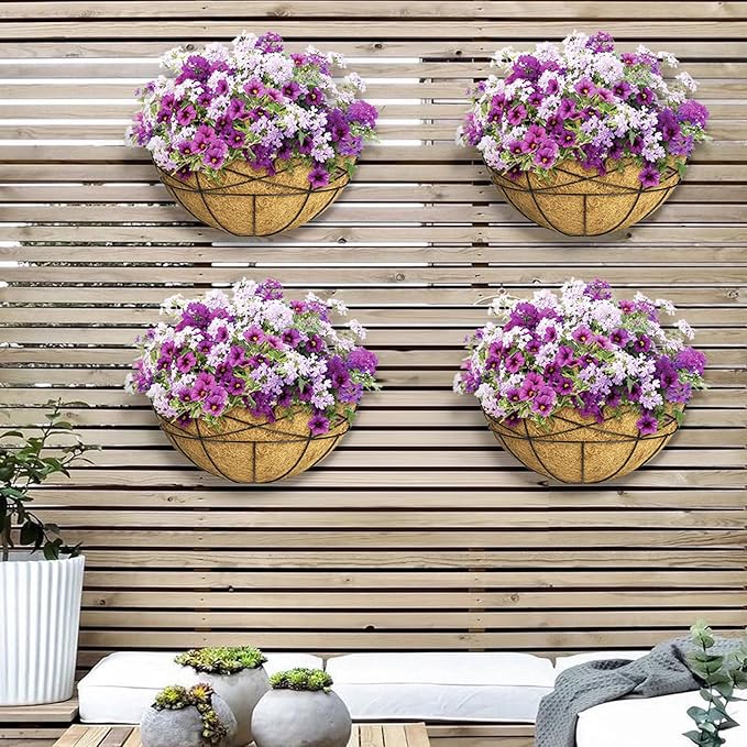 4 Pack 14 Inch Window Boxes Planters Railing Planter Box with Coco Liners Deck Railing Planter Boxes Balcony Hanging Flower Box Wall Mounted Half Round for Outdoor Plants Garden Decor